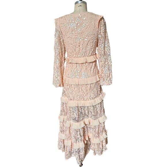 Maje Pale Pink Ruffled V-Neck Sequin Party Formal Dress Size 36/ US 4 - Picture 8 of 14